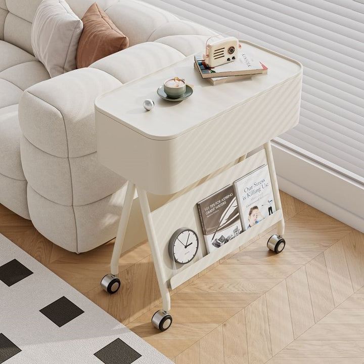 Contemporary Scandinavian Rotatable Plywood Iron Rectangular Tray Top Storage Cabinet Side Table Double-Sided Magazine Rack With Wheels For Living Room