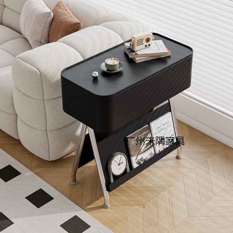 Contemporary Scandinavian Rotatable Plywood Iron Rectangular Tray Top Storage Cabinet Side Table Double-Sided Magazine Rack With Wheels For Living Room