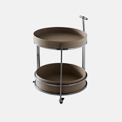 Moderner Mid-Century Sattelleder Rundoberteil Edelstahl 2-stufiger Beistelltisch mit Rollen für das Wohnzimmer 