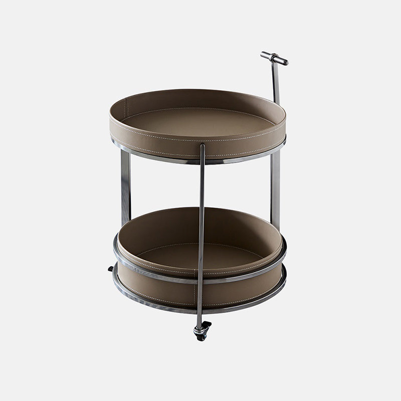 Moderner Mid-Century Sattelleder Rundoberteil Edelstahl 2-stufiger Beistelltisch mit Rollen für das Wohnzimmer 