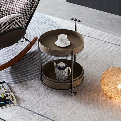 Moderner Mid-Century Sattelleder Rundoberteil Edelstahl 2-stufiger Beistelltisch mit Rollen für das Wohnzimmer 