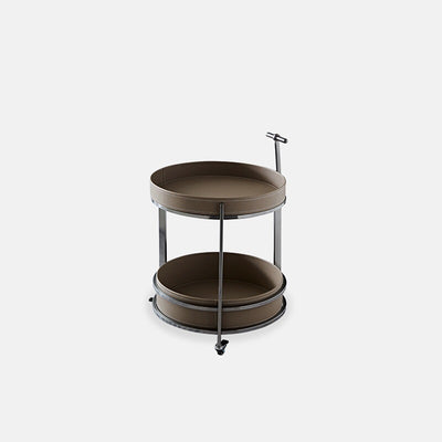 Moderner Mid-Century Sattelleder Rundoberteil Edelstahl 2-stufiger Beistelltisch mit Rollen für das Wohnzimmer 