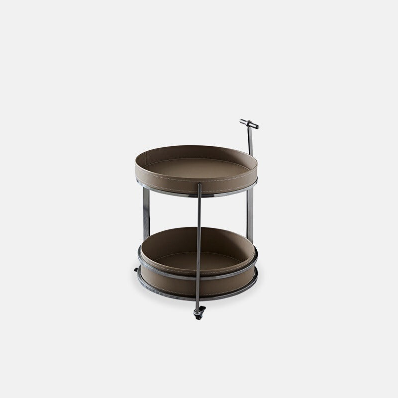 Moderner Mid-Century Sattelleder Rundoberteil Edelstahl 2-stufiger Beistelltisch mit Rollen für das Wohnzimmer 