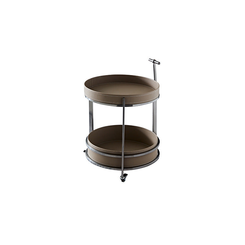 Moderner Mid-Century Sattelleder Rundoberteil Edelstahl 2-stufiger Beistelltisch mit Rollen für das Wohnzimmer 