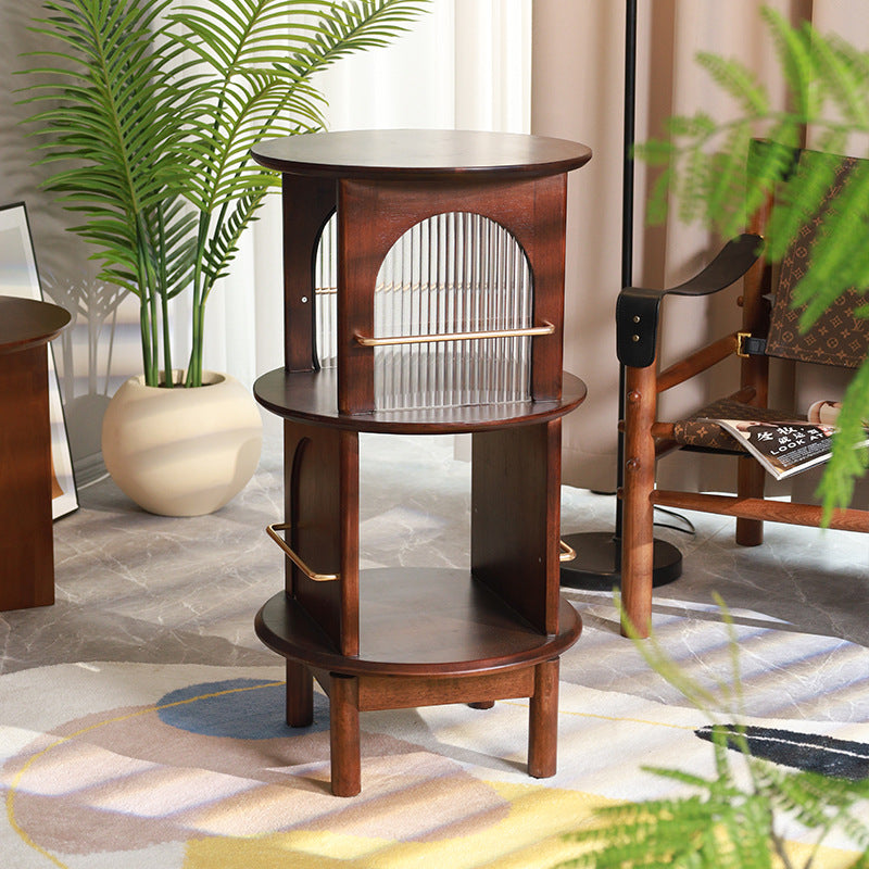 Traditional Japanese Solid Wood Round Top Glass Rotatable Side Table 2 ...