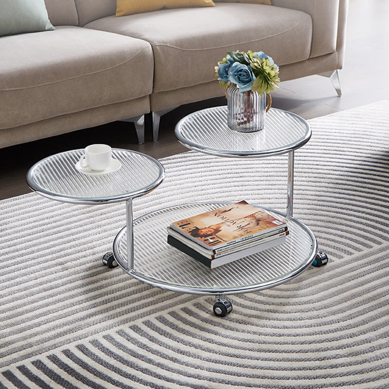 Table basse rotative moderne de style milieu du siècle avec plateau rond en verre nervuré à 2 niveaux avec roulettes pour salon 