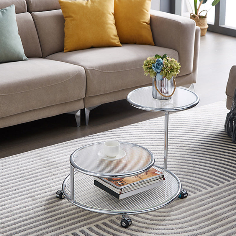 Moderner Mid-Century gerippter Glas-Rundtisch drehbarer Couchtisch 2-stufiger Nesting-Tisch mit Rollen für das Wohnzimmer 