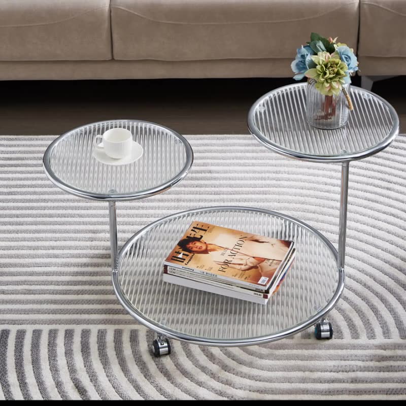 Table basse rotative moderne de style milieu du siècle avec plateau rond en verre nervuré à 2 niveaux avec roulettes pour salon 