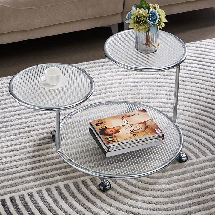 Table basse rotative moderne de style milieu du siècle avec plateau rond en verre nervuré à 2 niveaux avec roulettes pour salon 