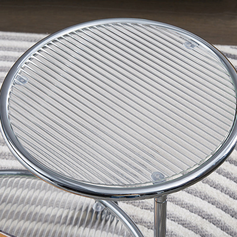 Moderner Mid-Century gerippter Glas-Rundtisch drehbarer Couchtisch 2-stufiger Nesting-Tisch mit Rollen für das Wohnzimmer 