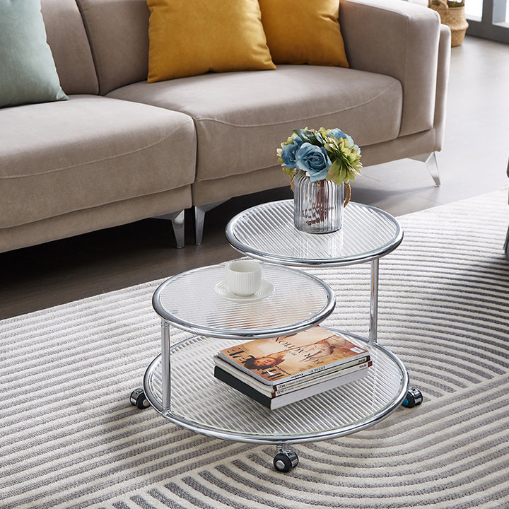 Table basse rotative moderne de style milieu du siècle avec plateau rond en verre nervuré à 2 niveaux avec roulettes pour salon 