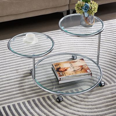 Moderner Mid-Century gerippter Glas-Rundtisch drehbarer Couchtisch 2-stufiger Nesting-Tisch mit Rollen für das Wohnzimmer 