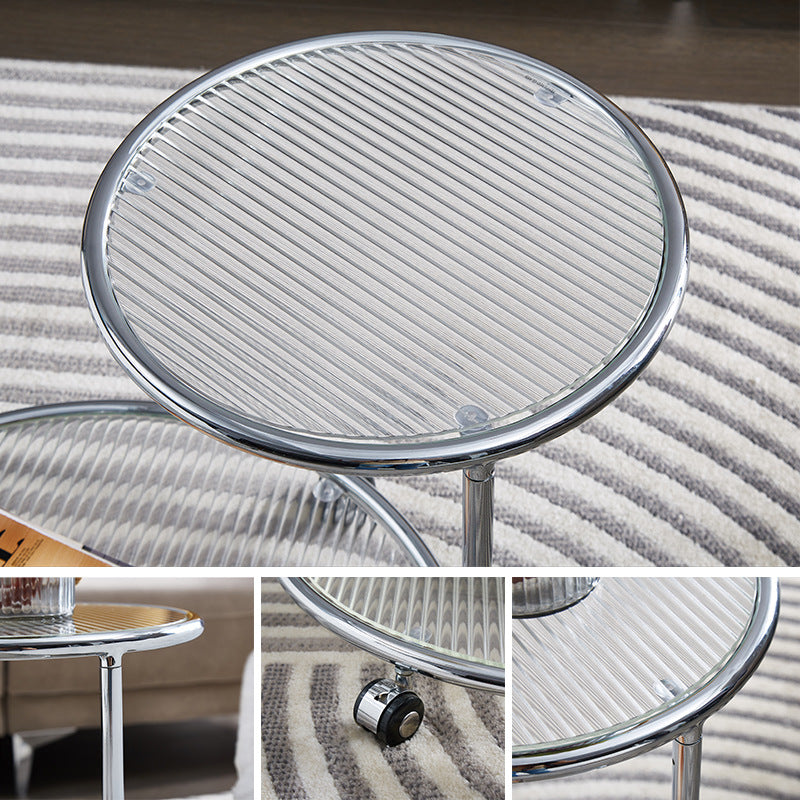 Table basse rotative moderne de style milieu du siècle avec plateau rond en verre nervuré à 2 niveaux avec roulettes pour salon 