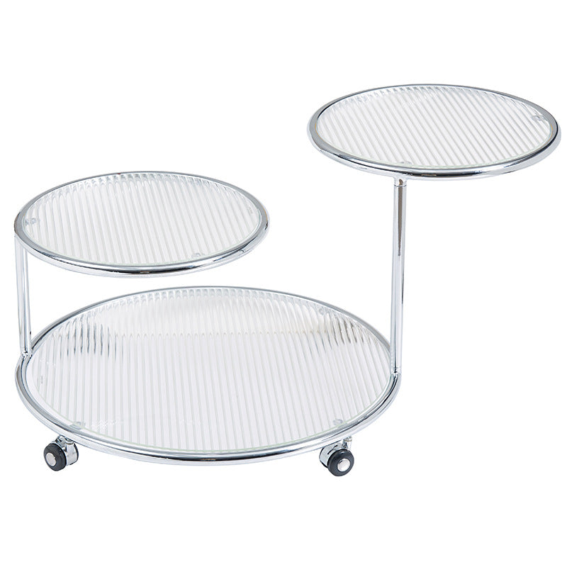 Table basse rotative moderne de style milieu du siècle avec plateau rond en verre nervuré à 2 niveaux avec roulettes pour salon 