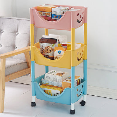 Mesa auxiliar de plástico escandinava contemporánea con ruedas de 3 niveles para almacenamiento de juguetes y bocadillos para la sala de estar 