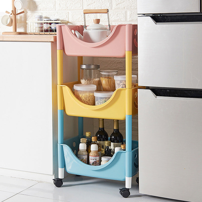 Mesa auxiliar de plástico escandinava contemporánea con ruedas de 3 niveles para almacenamiento de juguetes y bocadillos para la sala de estar 