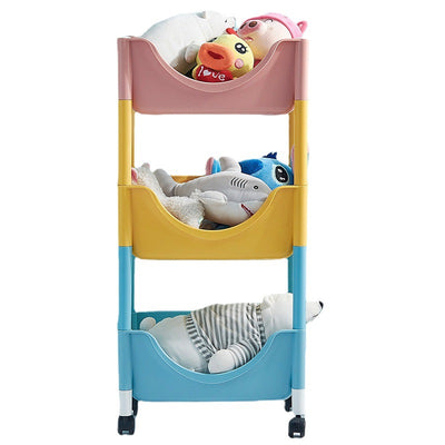 Mesa auxiliar de plástico escandinava contemporánea con ruedas de 3 niveles para almacenamiento de juguetes y bocadillos para la sala de estar 