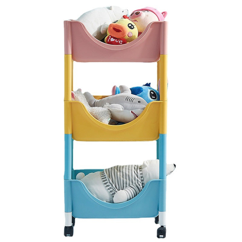 Mesa auxiliar de plástico escandinava contemporánea con ruedas de 3 niveles para almacenamiento de juguetes y bocadillos para la sala de estar 