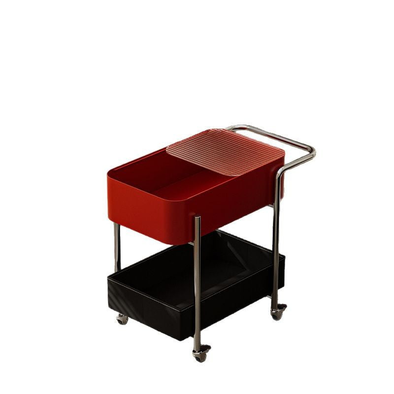 Mesa auxiliar contemporánea escandinava de vidrio rectangular con ruedas y estante de almacenamiento de 2 niveles para sala de estar 
