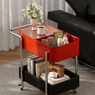 Mesa auxiliar contemporánea escandinava de vidrio rectangular con ruedas y estante de almacenamiento de 2 niveles para sala de estar 