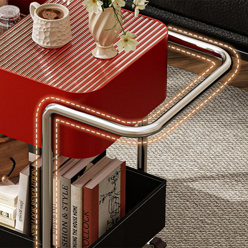 Mesa auxiliar contemporánea escandinava de vidrio rectangular con ruedas y estante de almacenamiento de 2 niveles para sala de estar 