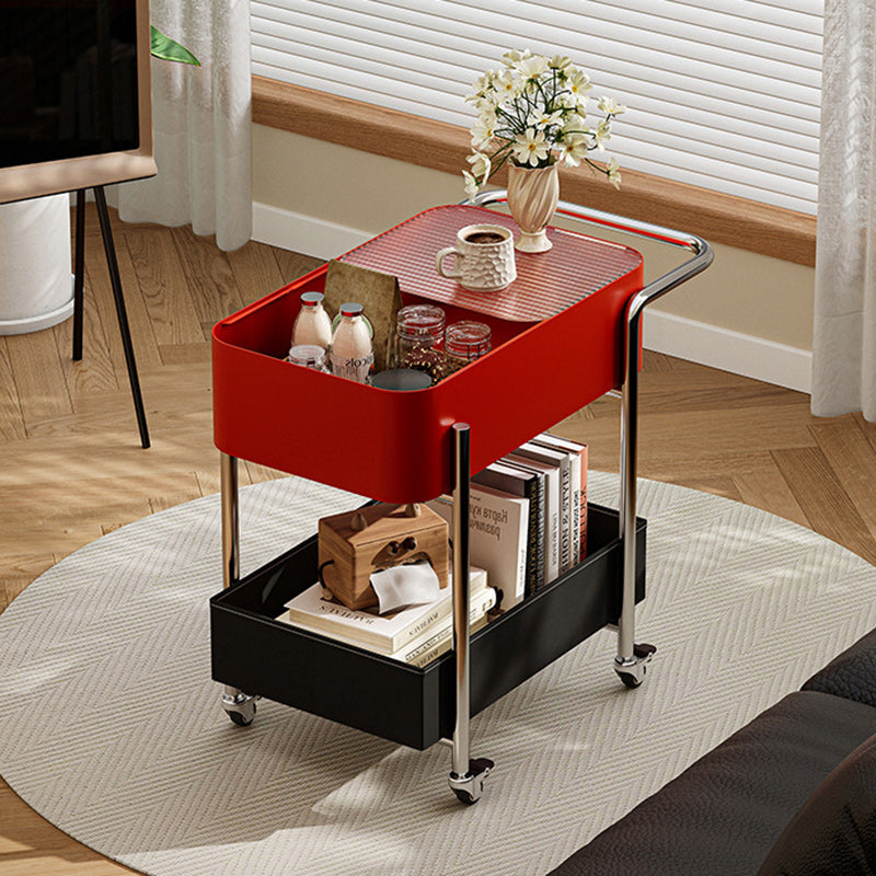 Mesa auxiliar contemporánea escandinava de vidrio rectangular con ruedas y estante de almacenamiento de 2 niveles para sala de estar 