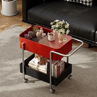 Mesa auxiliar contemporánea escandinava de vidrio rectangular con ruedas y estante de almacenamiento de 2 niveles para sala de estar 