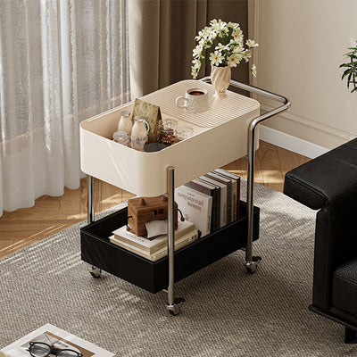 Mesa auxiliar contemporánea escandinava de vidrio rectangular con ruedas y estante de almacenamiento de 2 niveles para sala de estar 