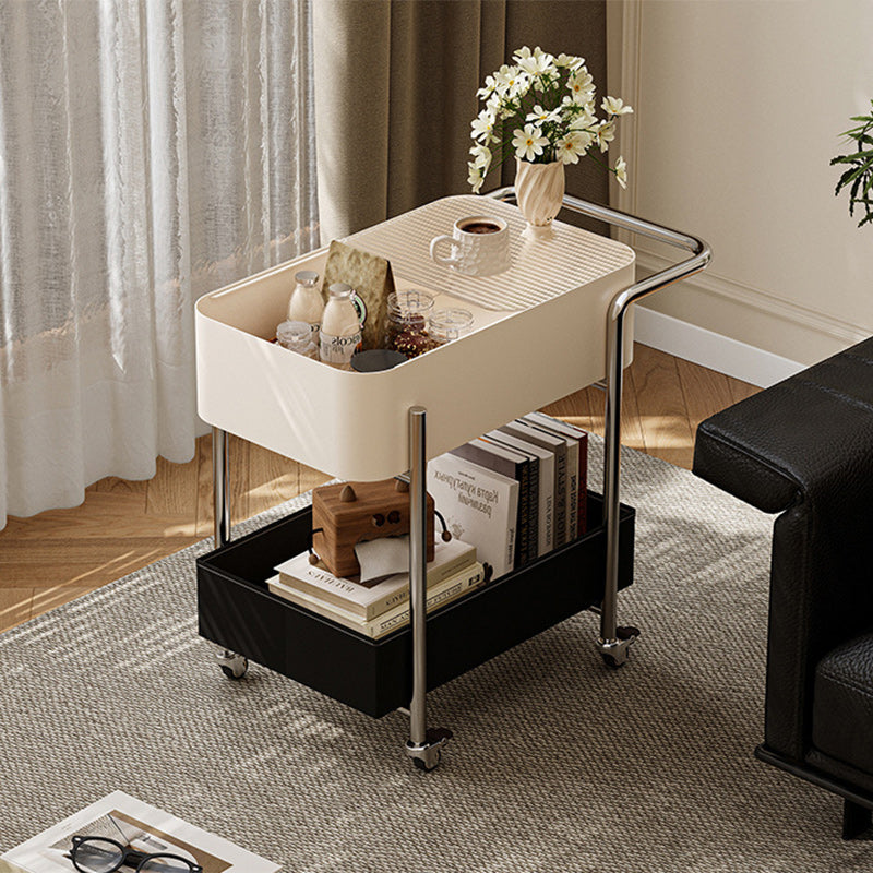 Mesa auxiliar contemporánea escandinava de vidrio rectangular con ruedas y estante de almacenamiento de 2 niveles para sala de estar 