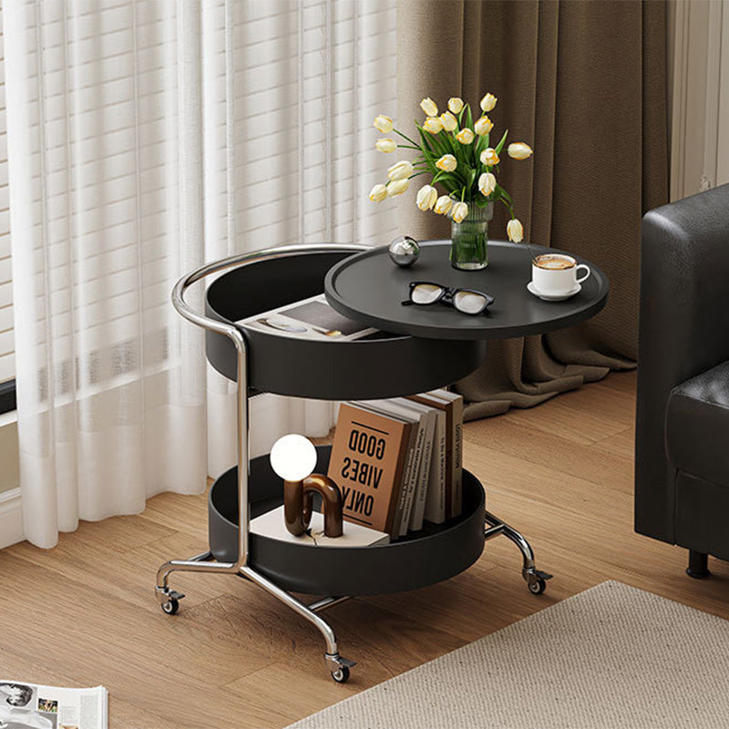 Moderner Mid-Century runder Trap Top verdickter Eisenkorb Edelstahlrahmen 2-stufiger Beistelltisch mit Rädern für Wohnzimmer 