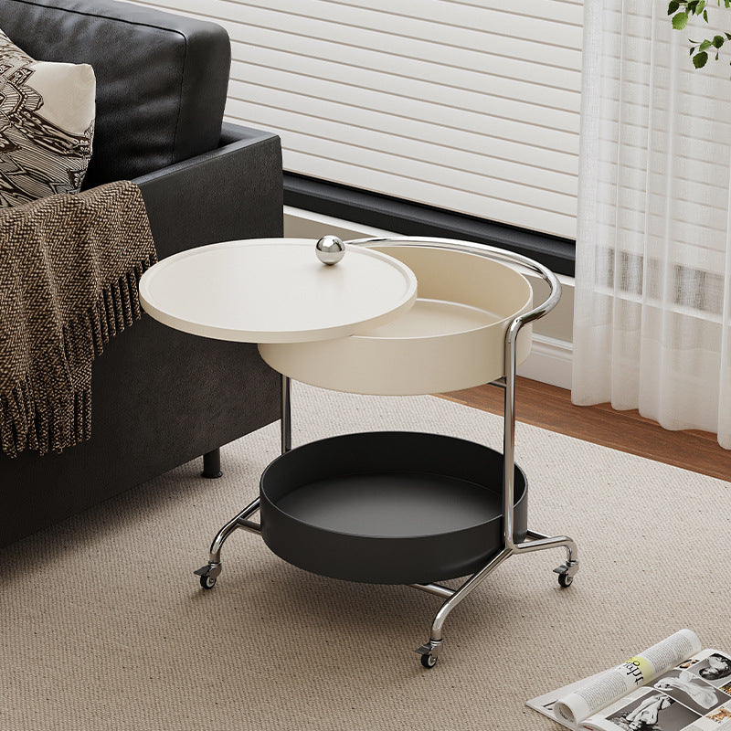 Moderner Mid-Century runder Trap Top verdickter Eisenkorb Edelstahlrahmen 2-stufiger Beistelltisch mit Rädern für Wohnzimmer 