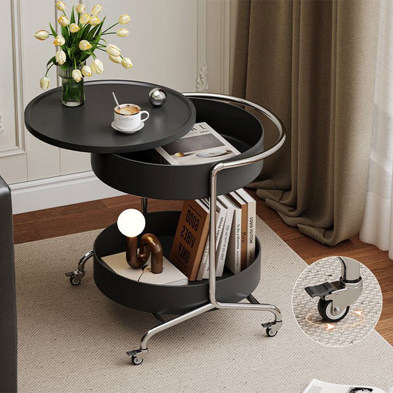 Moderner Mid-Century runder Trap Top verdickter Eisenkorb Edelstahlrahmen 2-stufiger Beistelltisch mit Rädern für Wohnzimmer 