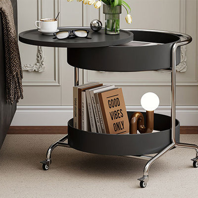 Moderner Mid-Century runder Trap Top verdickter Eisenkorb Edelstahlrahmen 2-stufiger Beistelltisch mit Rädern für Wohnzimmer 