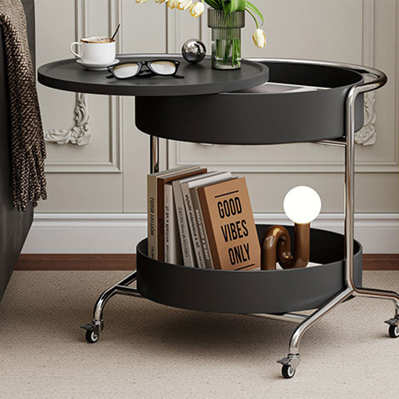 Moderner Mid-Century runder Trap Top verdickter Eisenkorb Edelstahlrahmen 2-stufiger Beistelltisch mit Rädern für Wohnzimmer 