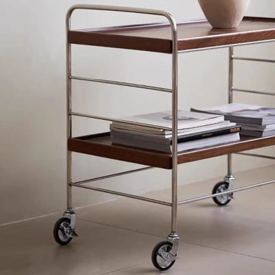 Mesa auxiliar de acero inoxidable con parte superior rectangular de trampa de madera maciza de estilo moderno transicional con estantes de almacenamiento giratorios de 2 niveles para sala de estar 