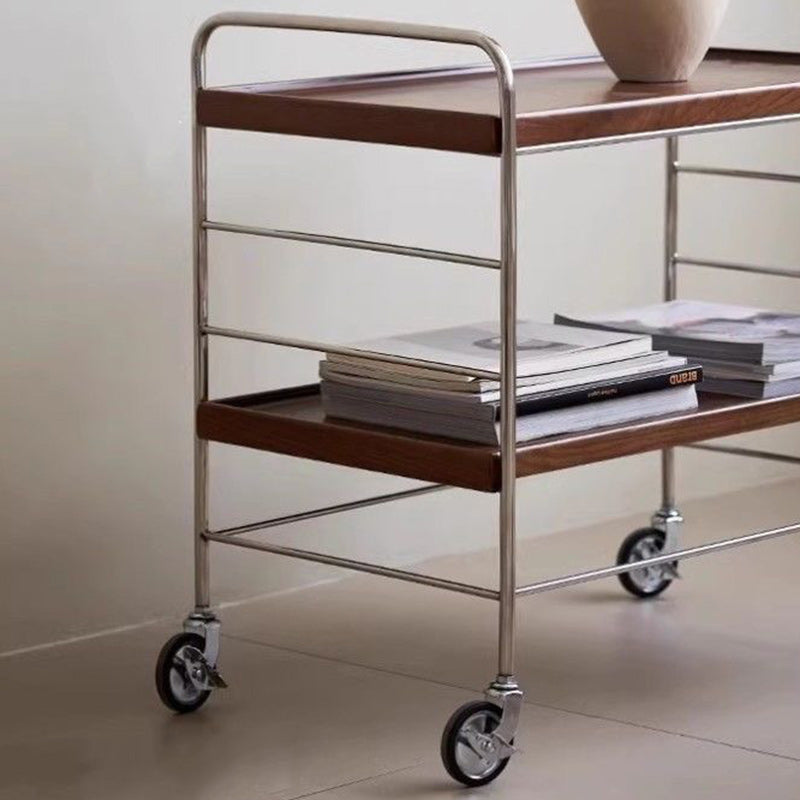 Mesa auxiliar de acero inoxidable con parte superior rectangular de trampa de madera maciza de estilo moderno transicional con estantes de almacenamiento giratorios de 2 niveles para sala de estar 