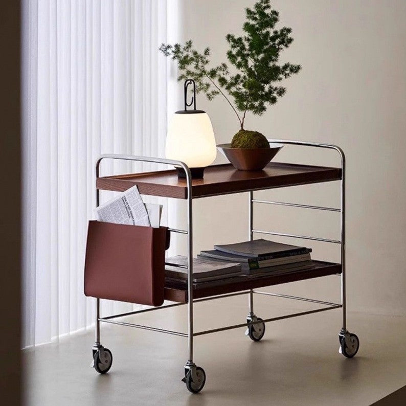 Mesa auxiliar de acero inoxidable con parte superior rectangular de trampa de madera maciza de estilo moderno transicional con estantes de almacenamiento giratorios de 2 niveles para sala de estar 