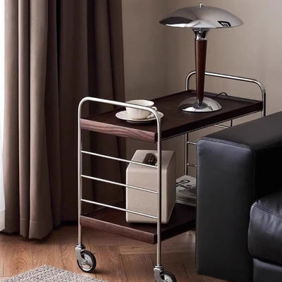 Mesa auxiliar de acero inoxidable con parte superior rectangular de trampa de madera maciza de estilo moderno transicional con estantes de almacenamiento giratorios de 2 niveles para sala de estar 