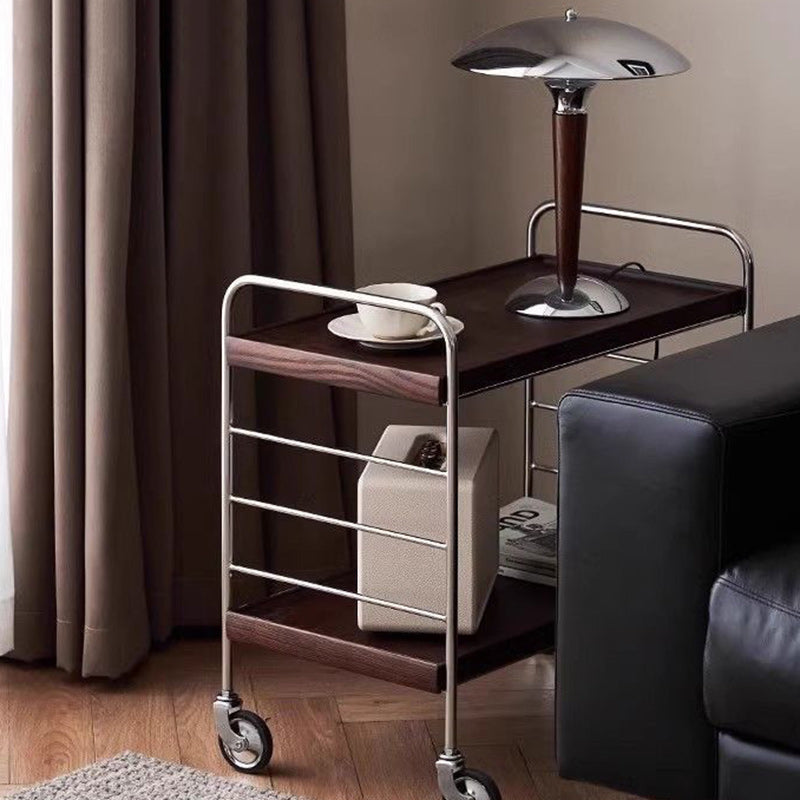 Mesa auxiliar de acero inoxidable con parte superior rectangular de trampa de madera maciza de estilo moderno transicional con estantes de almacenamiento giratorios de 2 niveles para sala de estar 