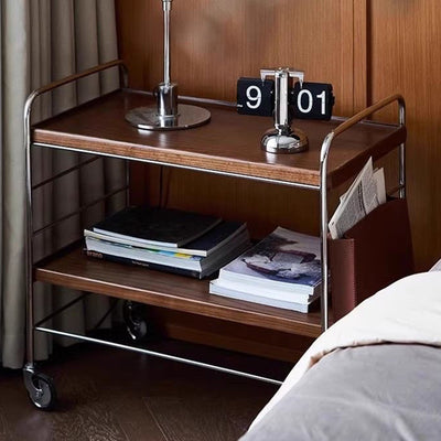 Mesa auxiliar de acero inoxidable con parte superior rectangular de trampa de madera maciza de estilo moderno transicional con estantes de almacenamiento giratorios de 2 niveles para sala de estar 
