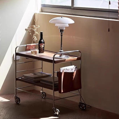 Mesa auxiliar de acero inoxidable con parte superior rectangular de trampa de madera maciza de estilo moderno transicional con estantes de almacenamiento giratorios de 2 niveles para sala de estar 