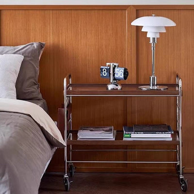 Mesa auxiliar de acero inoxidable con parte superior rectangular de trampa de madera maciza de estilo moderno transicional con estantes de almacenamiento giratorios de 2 niveles para sala de estar 