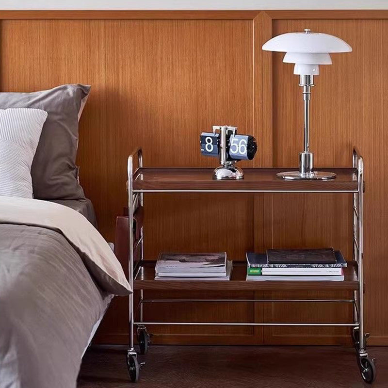 Mesa auxiliar de acero inoxidable con parte superior rectangular de trampa de madera maciza de estilo moderno transicional con estantes de almacenamiento giratorios de 2 niveles para sala de estar 