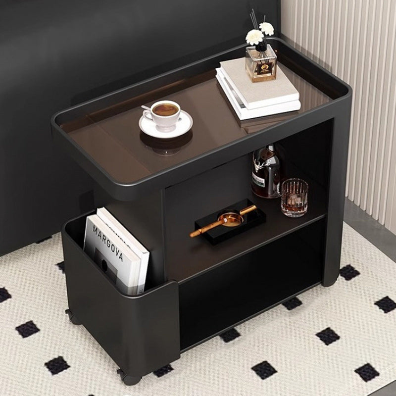 Carrito rodante de 3 niveles con bandeja rectangular de vidrio de simplicidad contemporánea y mesa auxiliar de hierro para sala de estar 