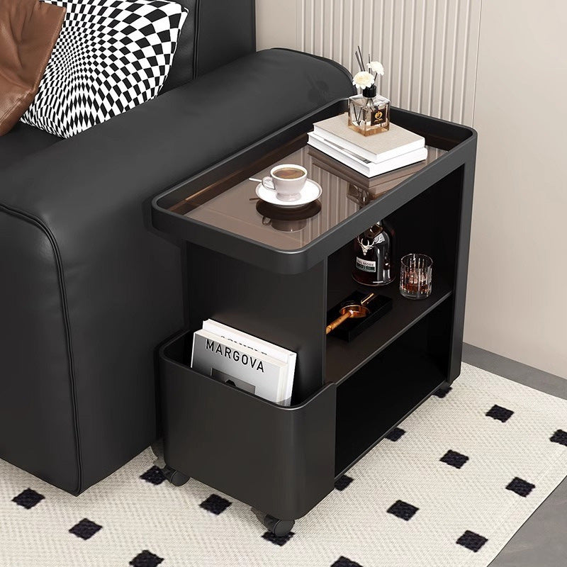 Carrito rodante de 3 niveles con bandeja rectangular de vidrio de simplicidad contemporánea y mesa auxiliar de hierro para sala de estar 