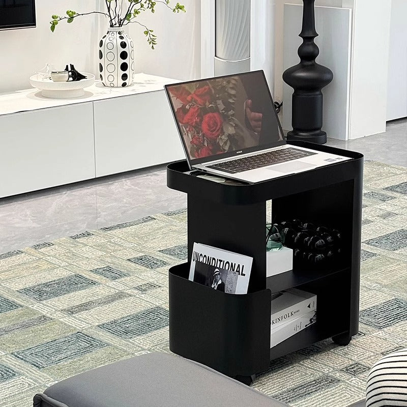 Carrito rodante de 3 niveles con bandeja rectangular de vidrio de simplicidad contemporánea y mesa auxiliar de hierro para sala de estar 