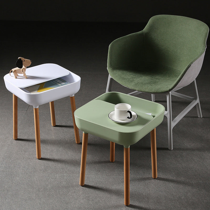 Contemporary Scandinavian Square Plastic Top With Rounded Corners Solid Wood Side Table 1-Storage For Living Room