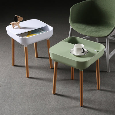 Contemporary Scandinavian Square Plastic Top With Rounded Corners Solid Wood Side Table 1-Storage For Living Room