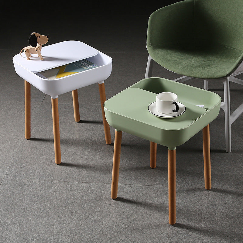 Contemporary Scandinavian Square Plastic Top With Rounded Corners Solid Wood Side Table 1-Storage For Living Room
