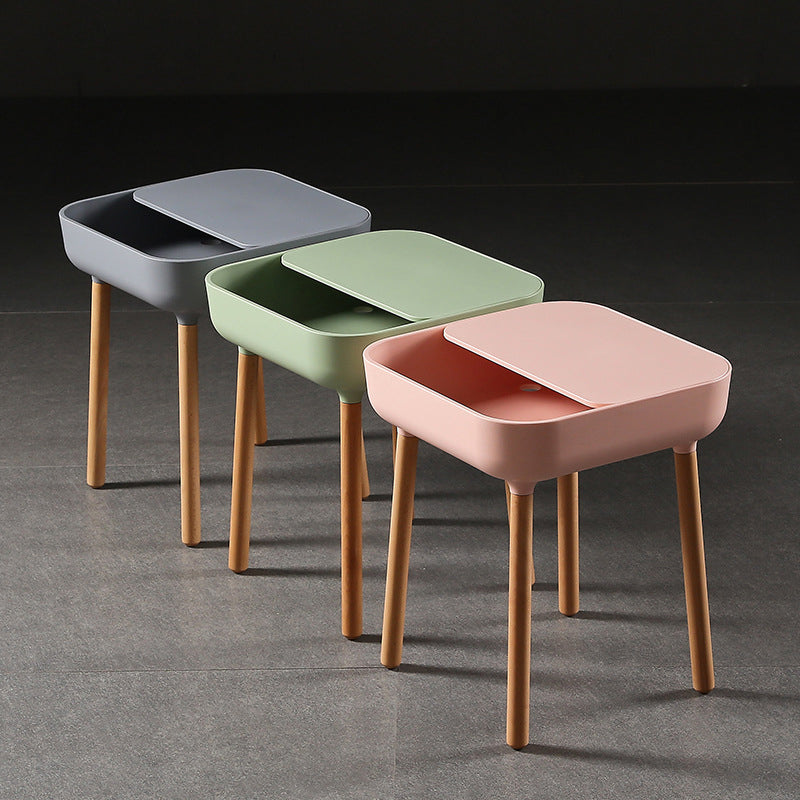 Contemporary Scandinavian Square Plastic Top With Rounded Corners Solid Wood Side Table 1-Storage For Living Room